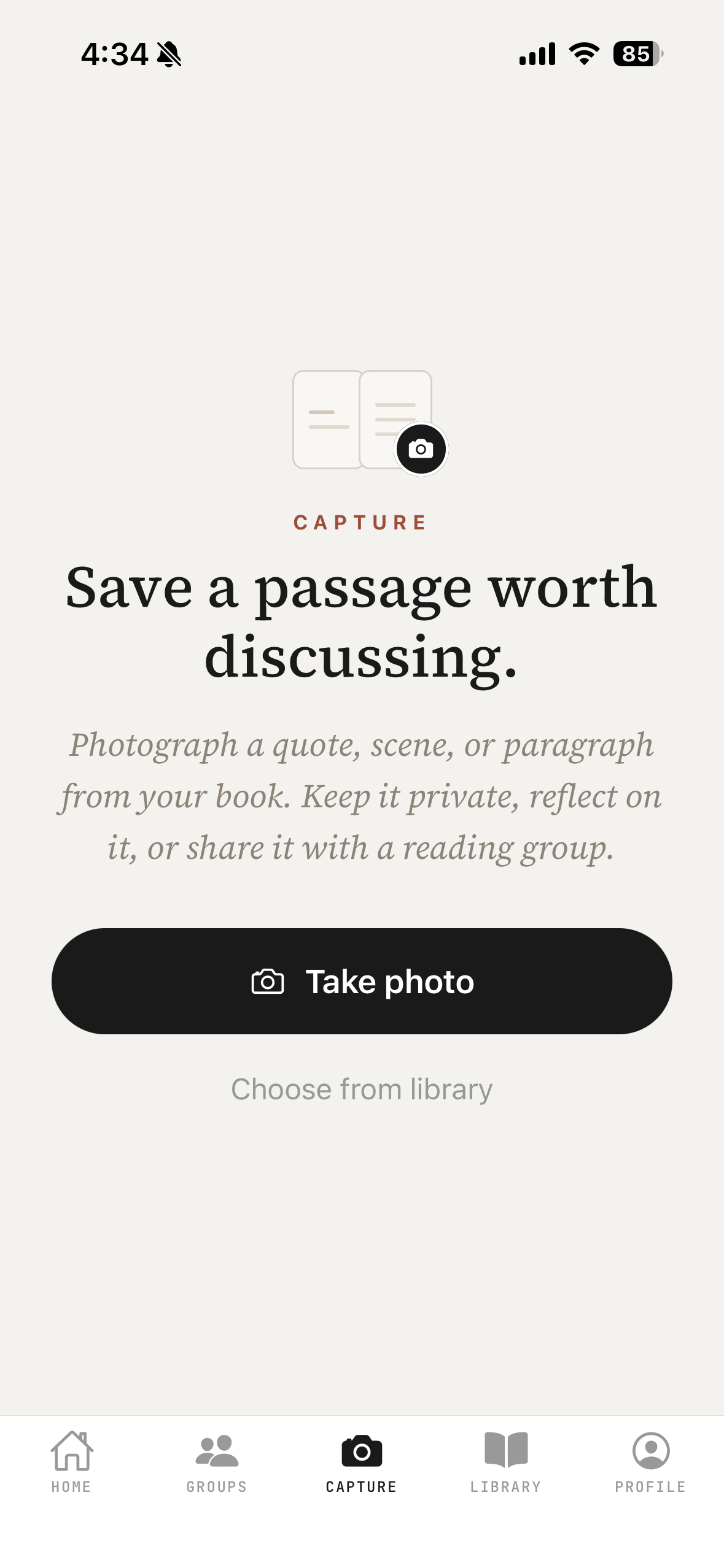 The capture screen for saving a passage from a book