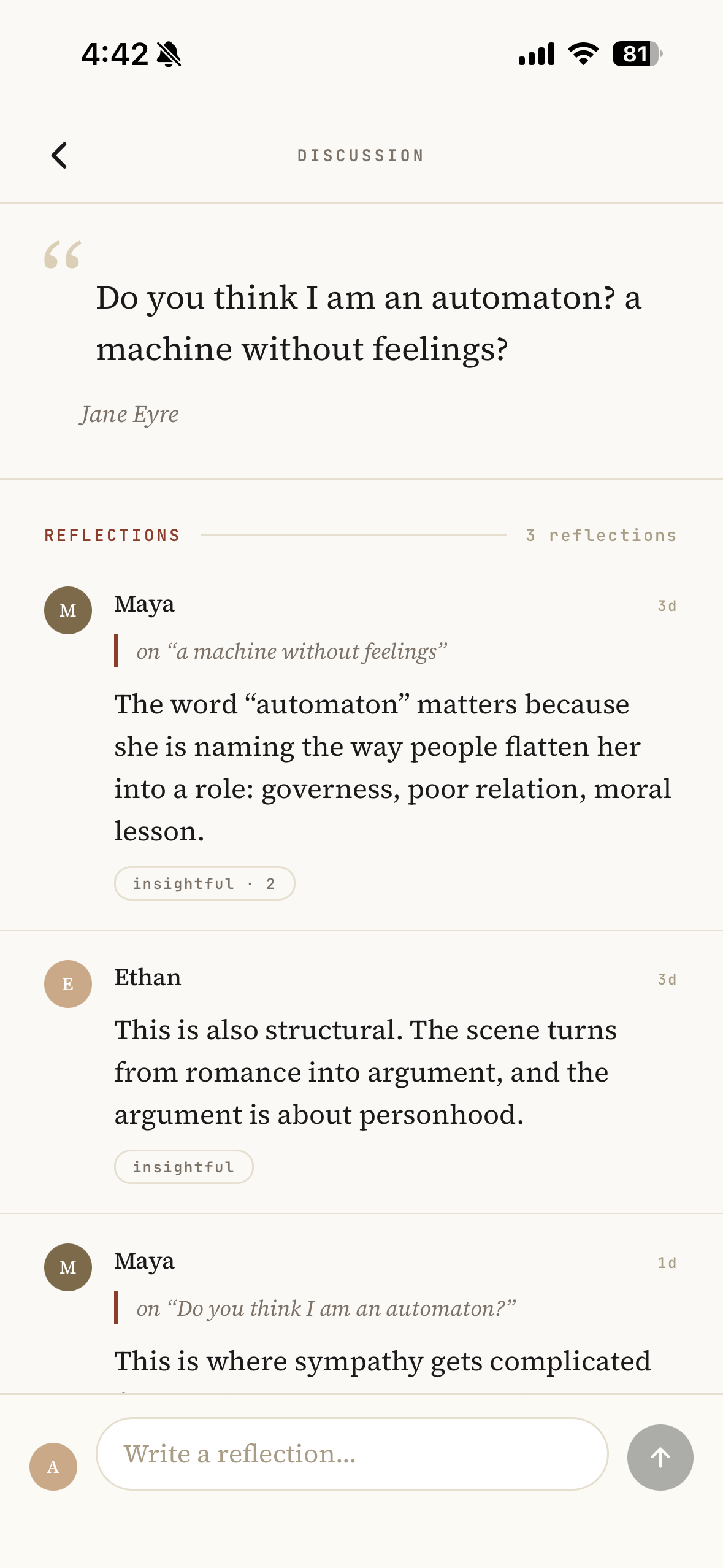 A discussion screen with reflections anchored to exact phrases