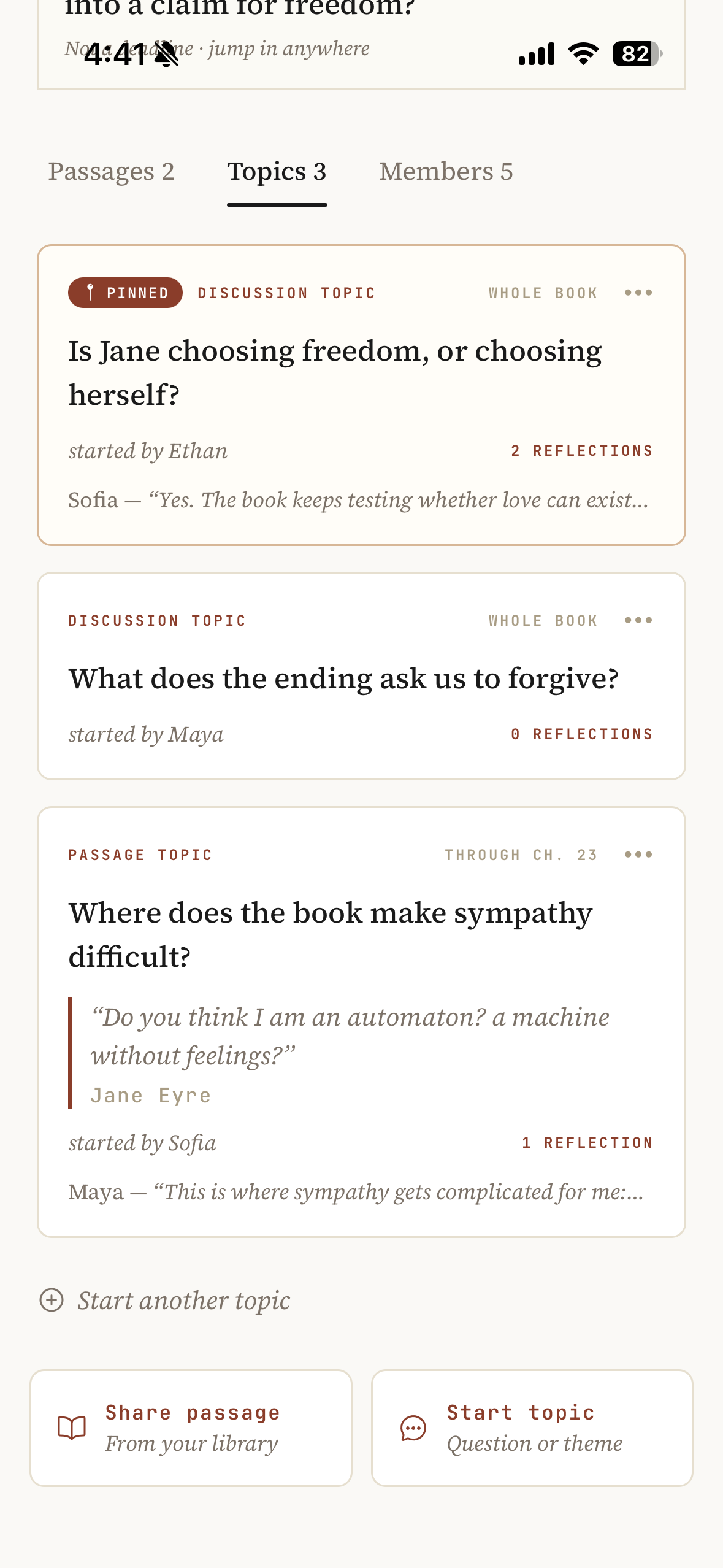 A group topics tab with pinned topics, spoiler scope, and passage-attached topics