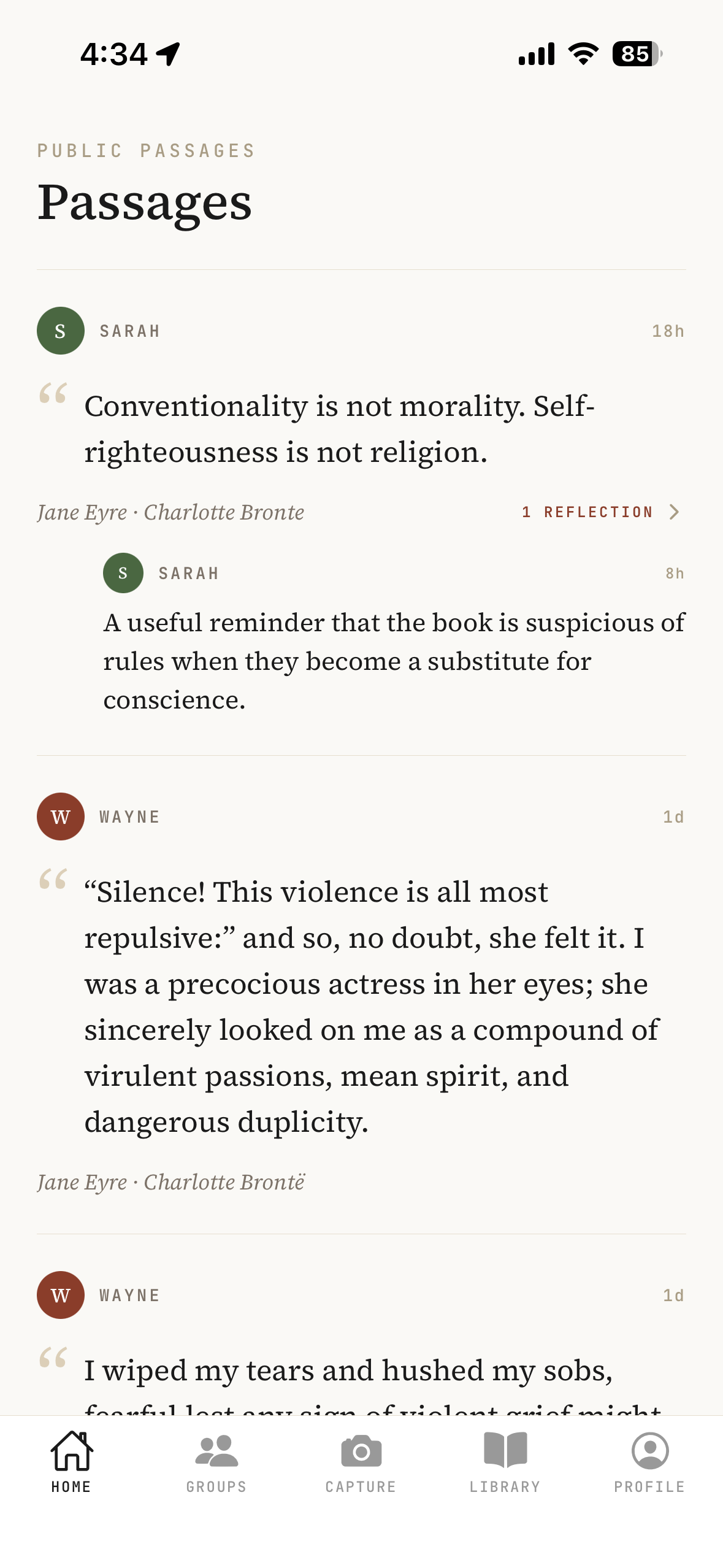 A public feed of saved passages and reflections