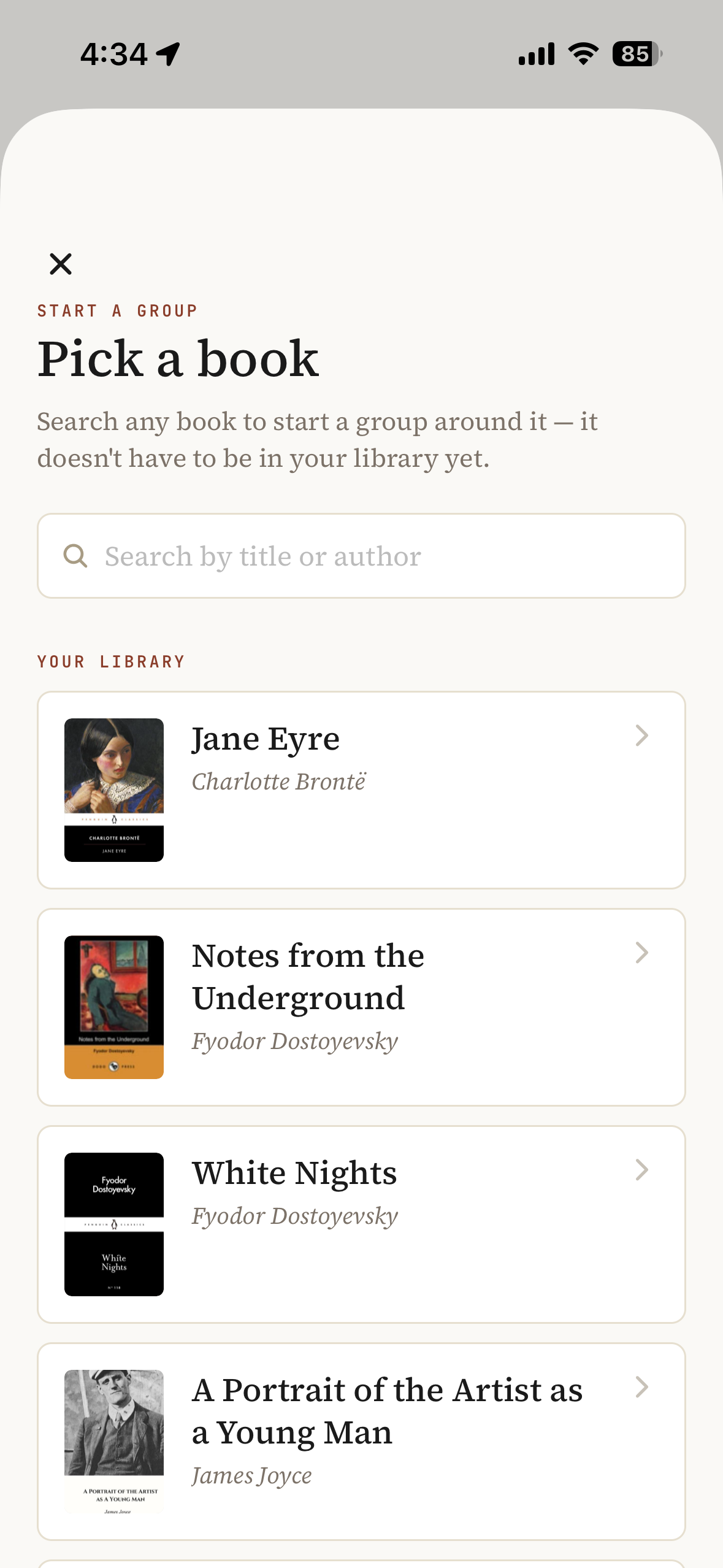 The start group flow where a reader picks a book